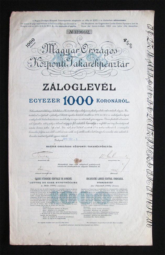 Magyar Orszgos Kzponti Takarkpnztr zloglevl 1000 kor 1918